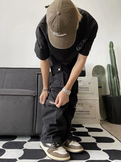 HOUZHOU Cargo Pants Men Zipper Oversize Black Wide Leg Trousers Male Loose Casual Pockets Streetwear Hip Hop Safari Style