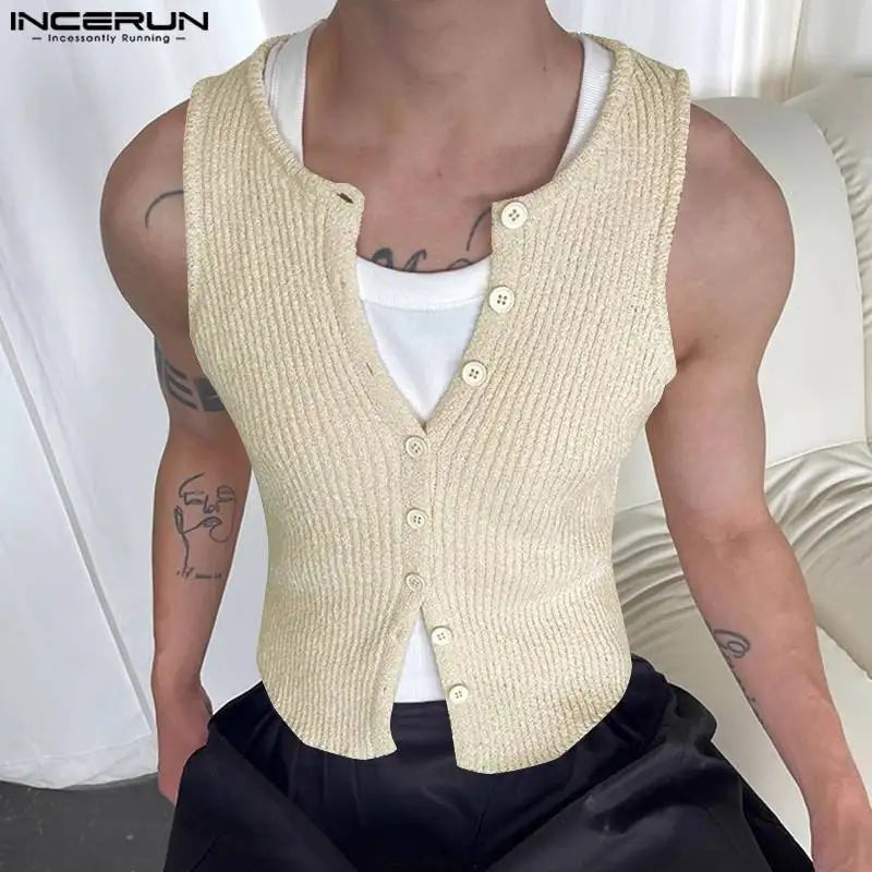 INCERUN Tops 2024 Korean Style New Men's Thick Pit Striped Knitted Vests Summer Streetwear Male Solid Sleeveless Tank Tops S-5XL