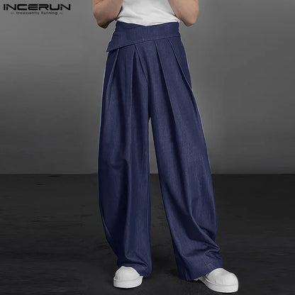 INCERUN 2024 Korean Style Trousers Men's Loose Straight Leg Design Solid Pant Casual Streetwear Simple All-match Pantalons S-5XL