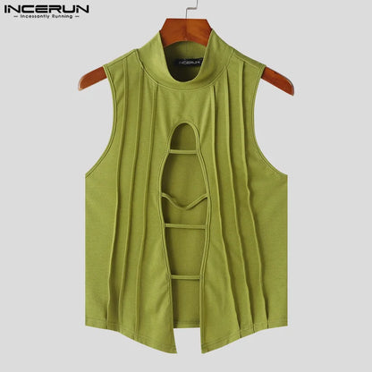 INCERUN Tops 2024 Style américain Hommes Creux Semi-Col Haut Gilets Tricotés Mode Sexy Mâle Vente Chaude Sans Manches Débardeurs S-5XL