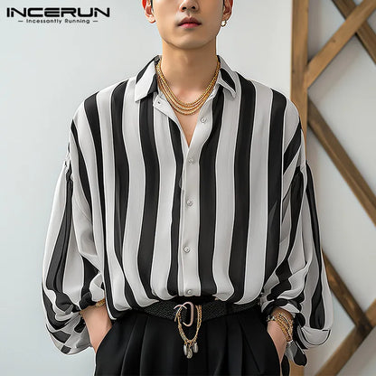 2024 Men Striped Shirt Lapel Long Sleeve Button Loose Streetwear Casual Men Clothing Korean Style Fashion Shirts INCERUN S-5XL