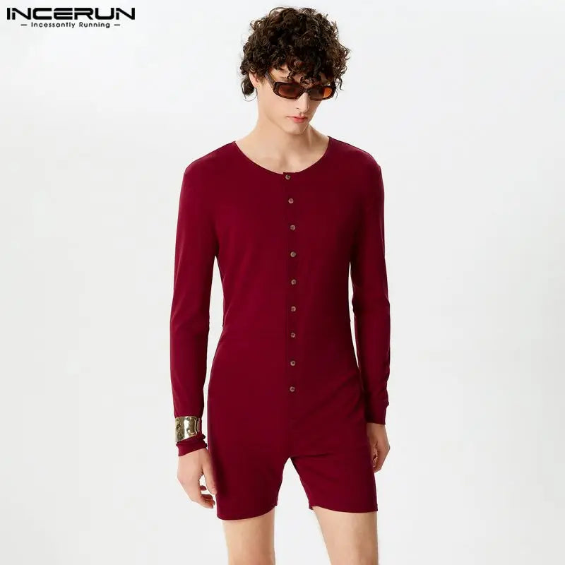 INCERUN 2024 Sexy Men Rompers Open Front Solid Knitted Long Sleeved Jumpsuits Male Comfortable O-Neck Flat Angle Bodysuits S-5XL