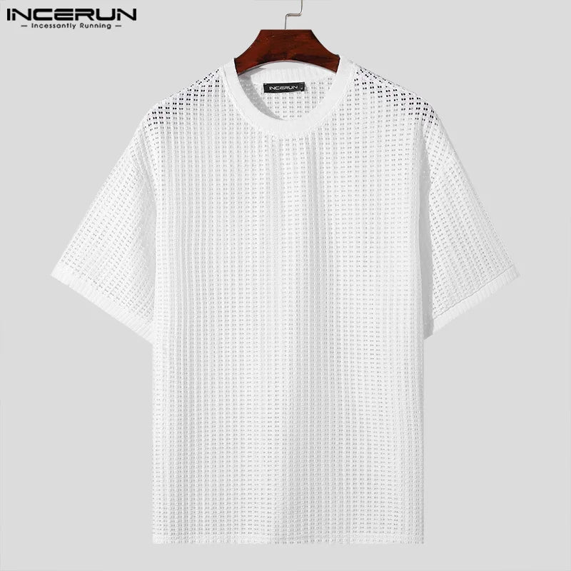 Fashion Well Fitting Tops INCERUN Men's Perspective Hollow Mesh O-neck T-shirts Casual Street Short Sleeved Camiseta S-5XL 2024