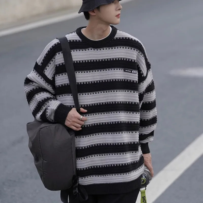 HOUZHOU Striped Knitted Sweater Coat Men Japanese Oversize Casual Autumn Winter Loose O-neck Pullovers for Man Streetwear Korean