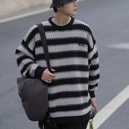 HOUZHOU Striped Knitted Sweater Coat Men Japanese Oversize Casual Autumn Winter Loose O-neck Pullovers for Man Streetwear Korean