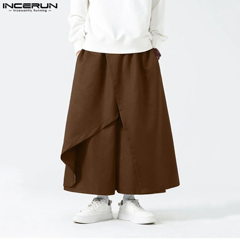 INCERUN 2024 Korean Style Fashion Men Long Pant Patchwork Design Solid Loose Trousers Casual Streetwear Wide Leg Pantalons S-5XL