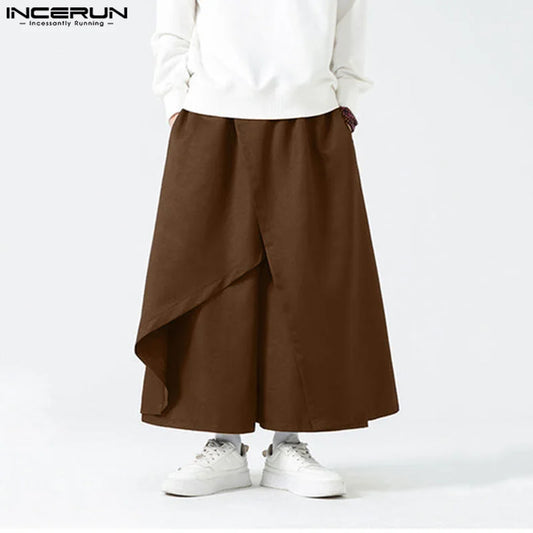 INCERUN 2024 Korean Style Fashion Men Long Pant Patchwork Design Solid Loose Trousers Casual Streetwear Wide Leg Pantalons S-5XL