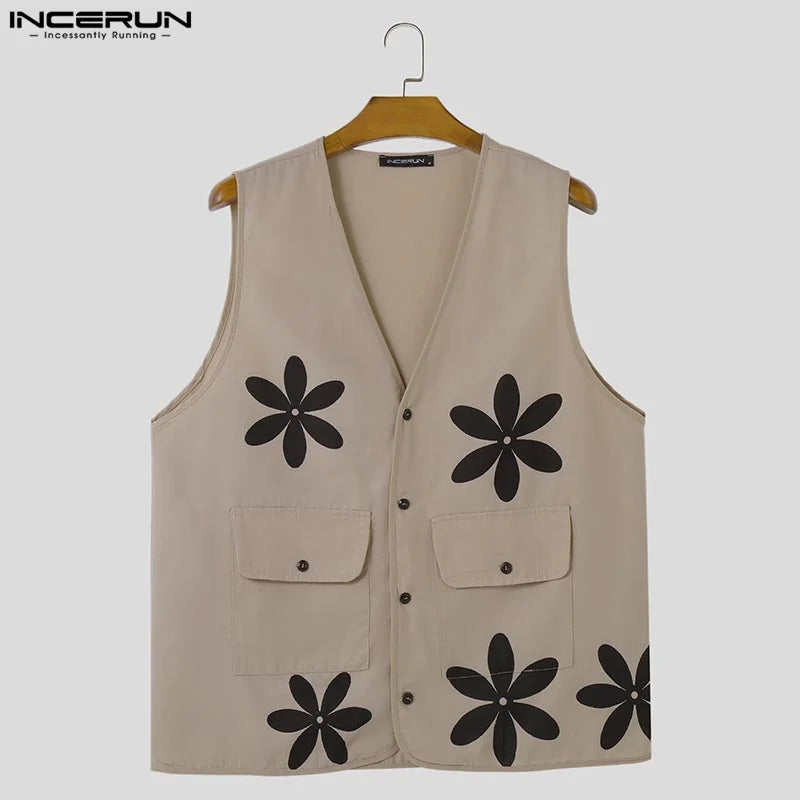 Fashion Casual Style Tops INCERUN Mens Daisy Flower Jacket Coats Streetwear Male Summer Hot Sale Sleeveless Cardigan Vests S-5XL