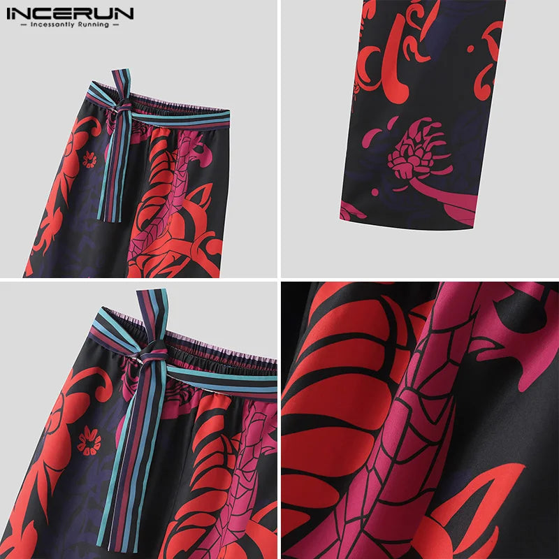 INCERUN 2024 American Style Trousers Stylish Mens Personality Floral Print Pant Leisure Streetwear Hot Sale Belt Pantalons S-5XL