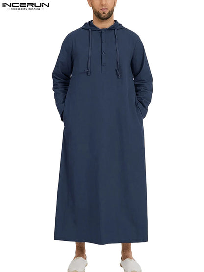 INCERUN islamique Jubba Thobe à manches longues Robe chemises à capuche saoudien arabe caftan Long Jubba Thobe Hombre hommes musulmans Abaya vêtements