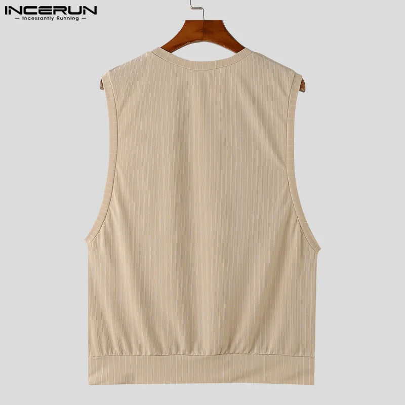 INCERUN Tops 2024 Korean Style Men's Shoulder Strap Design Stripe Vests Casual Streetwear Male O-neck Sleeveless Tank Tops S-5XL