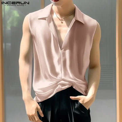 Handsome Well Fitting Tops INCERUN New Mens Stylish Satin Glossy Tank Tops Casual Streetwear V-neck Lapel Sleeveless Vests S-5XL