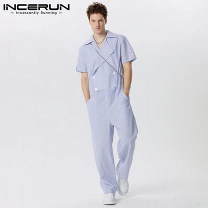 INCERUN 2024 American Style Bodysuits New Men's Stripe Lapel Jumpsuits Casual Party Shows All-match Short Sleeved Rompers S-5XL