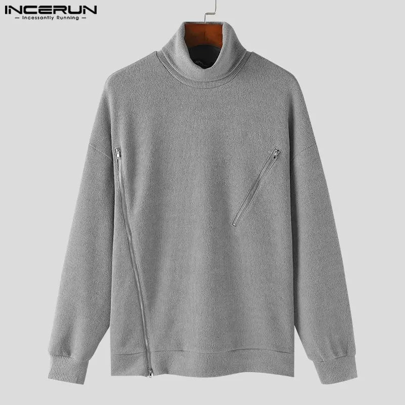 INCERUN Tops 2023 Korean Style Men's Knitted Zipper Design Pullovers Casual Solid All-match High Neck Long Sleeved Sweater S-5XL