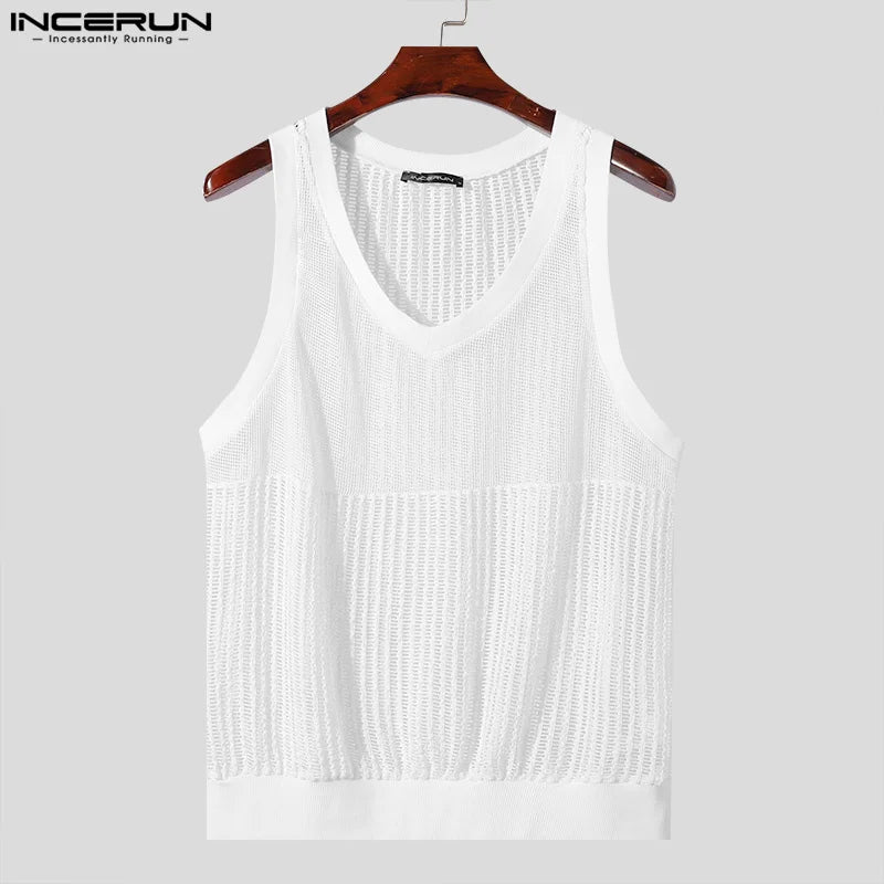 INCERUN Tops 2024 Korean Style Fashion Men Hollow Patchwork Grid Design Vests Casual Simple Male Thin Sleeveless Tank Tops S-5XL