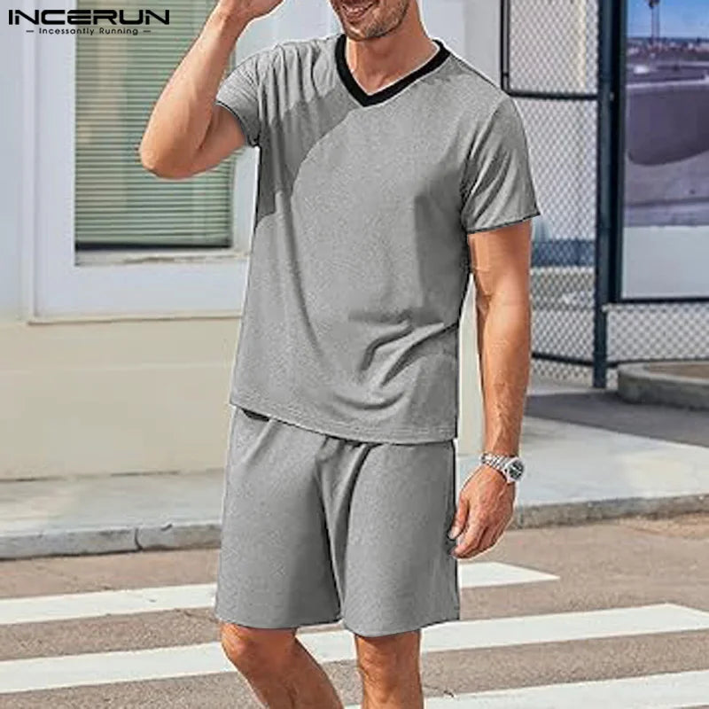 INCERUN 2024 American Style Sets Stylish Men's Short Sleeved T-shirts Shorts Casual Loose V-neck Streetwear Suit 2 Pieces S-5XL