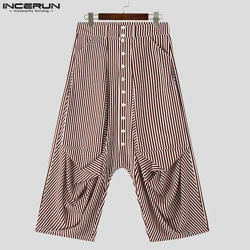 2024 Men's Striped Pants Button Joggers Loose Fashion Drop-Crotch Trousers Men Streetwear Casual Irregular Pants S-5XL INCERUN