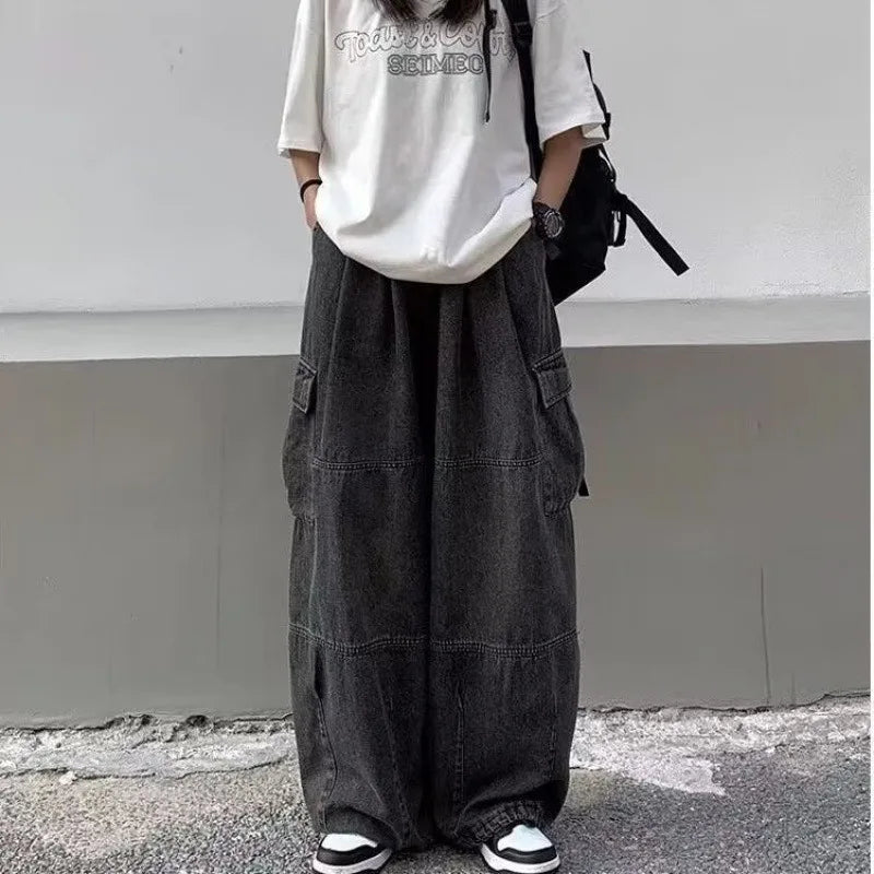 HOUZHOU Y2k Baggy Cargo Jeans für Männer Übergröße Wide Leg Denim Hose Männliche Hip Hop Hose Taschen Streetwear Loose Patchwork