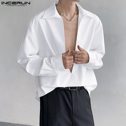 INCERUN Tops 2024 Korean Style Men Personality Large V-neck Shoulder Pad Design Shirts Solid All-match Long Sleeved Blouse S-5XL