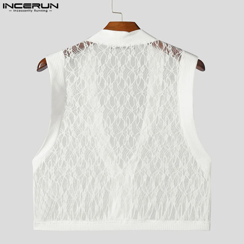 INCERUN Tops 2024 Style américain Hommes Été Mode Court Dentelle Maille Patchwork Gilets Sexy Mâle Mince Sans Manches Débardeurs S-5XL