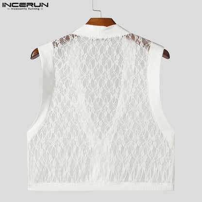 INCERUN Tops 2024 American Style Mens Summer Fashion Cropped Lace Mesh Patchwork Vests Sexy Male Thin Sleeveless Tank Tops S-5XL