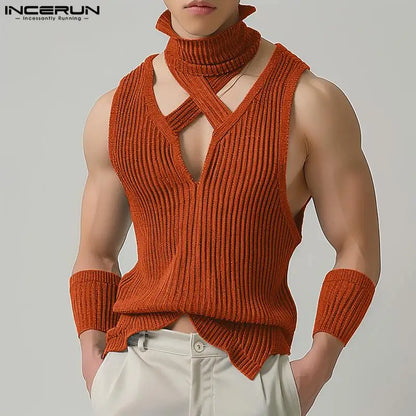 INCERUN Männer Tank Tops Einfarbig Rollkragen Ärmelloses Aushöhlen Casual Westen Streetwear 2024 Gestrickte Mode Männer Kleidung