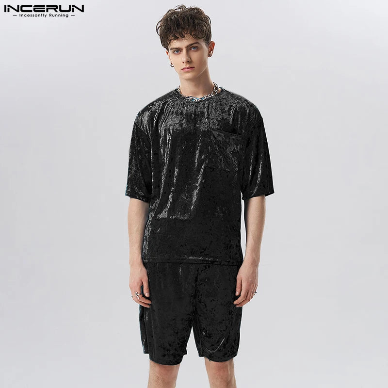 INCERUN Men Sets Velour Solid Color Streetwear 2023 Short Sleeve Pockets T Shirt & Shorts 2PCS Loose Fashion Men Casual Suits 7