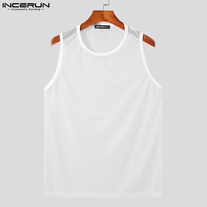 INCERUN Tops 2024 American Style Sexy Men's O-neck Micro Transparent Vests Casual Streetwear Hot Sale Sleeveless Tank Tops S-5XL