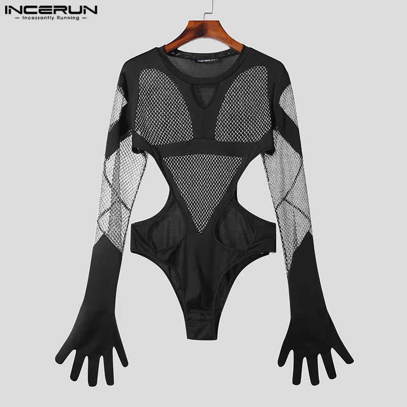 Männer Bodys Mesh Patchwork Transparente Handschuhe 2023 Aushöhlen Strampler Männliche T-Shirts Oansatz Langarm Body S-5XL INCERUN