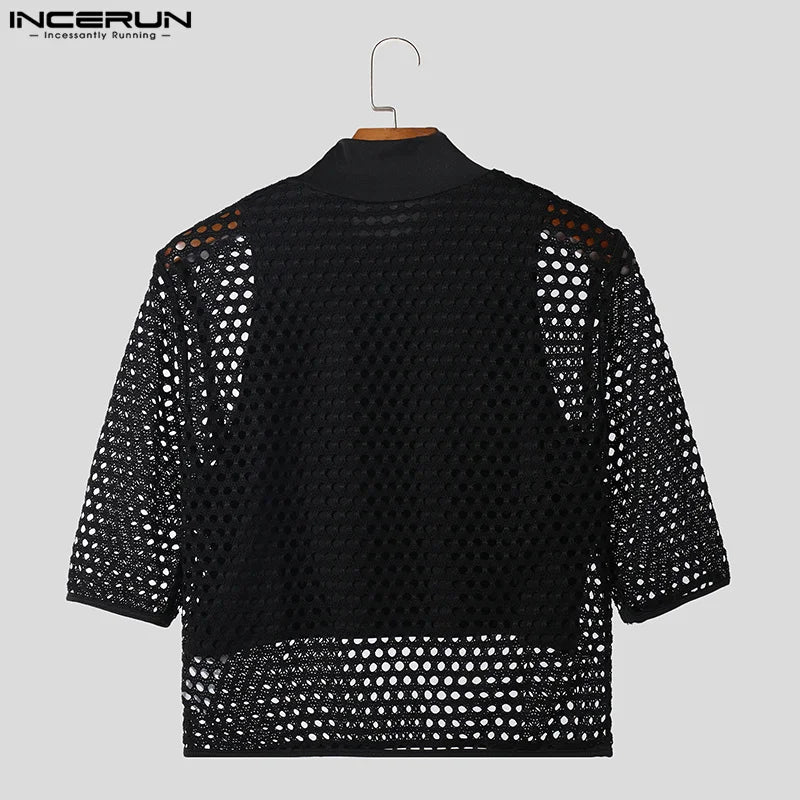 Fashion Casual Style Tops INCERUN Men's Hollow Mesh Patchwork T-shirts Sexy Cropped Half High Neck Short Sleeved Camiseta S-3XL