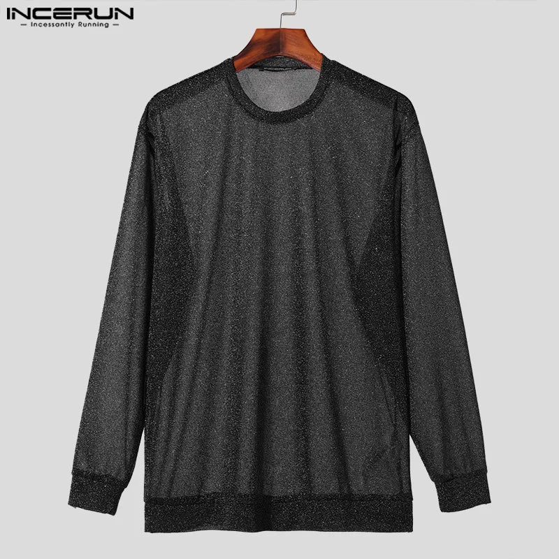 INCERUN Tops 2024 American Style New Mens Flash Mesh Perspective Design T-shirts Fashion O-neck Long Sleeved Thin Camiseta S-5XL