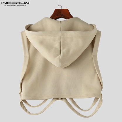 INCERUN Tops 2024 Korean Style New Men's Funny Bone Deconstruction Design Vests Casual Personality Solid Hooded Waistcoat S-5XL