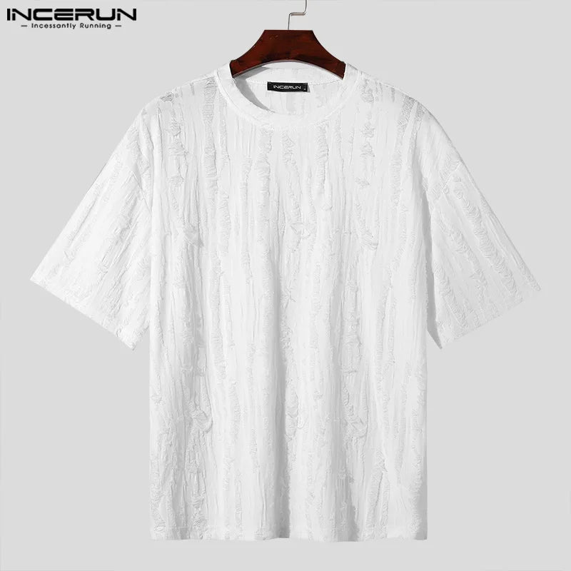 INCERUN Tops 2024 Korean Style New Men's Loose Hollow Thin Design T-shirts Casual Simple All-match Short Sleeved Camiseta S-5XL