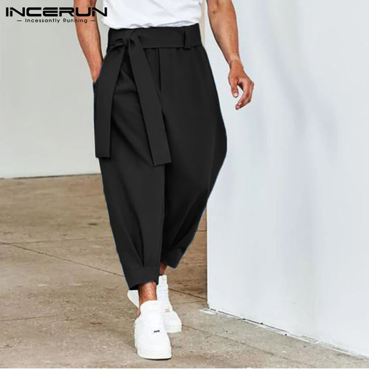 INCERUN 2021 New Mens Fashion Solid Color Pants Drawstring  Leisure Harem Trouser Chinomen's Loose Wide Leg Pants Trousers S-5XL