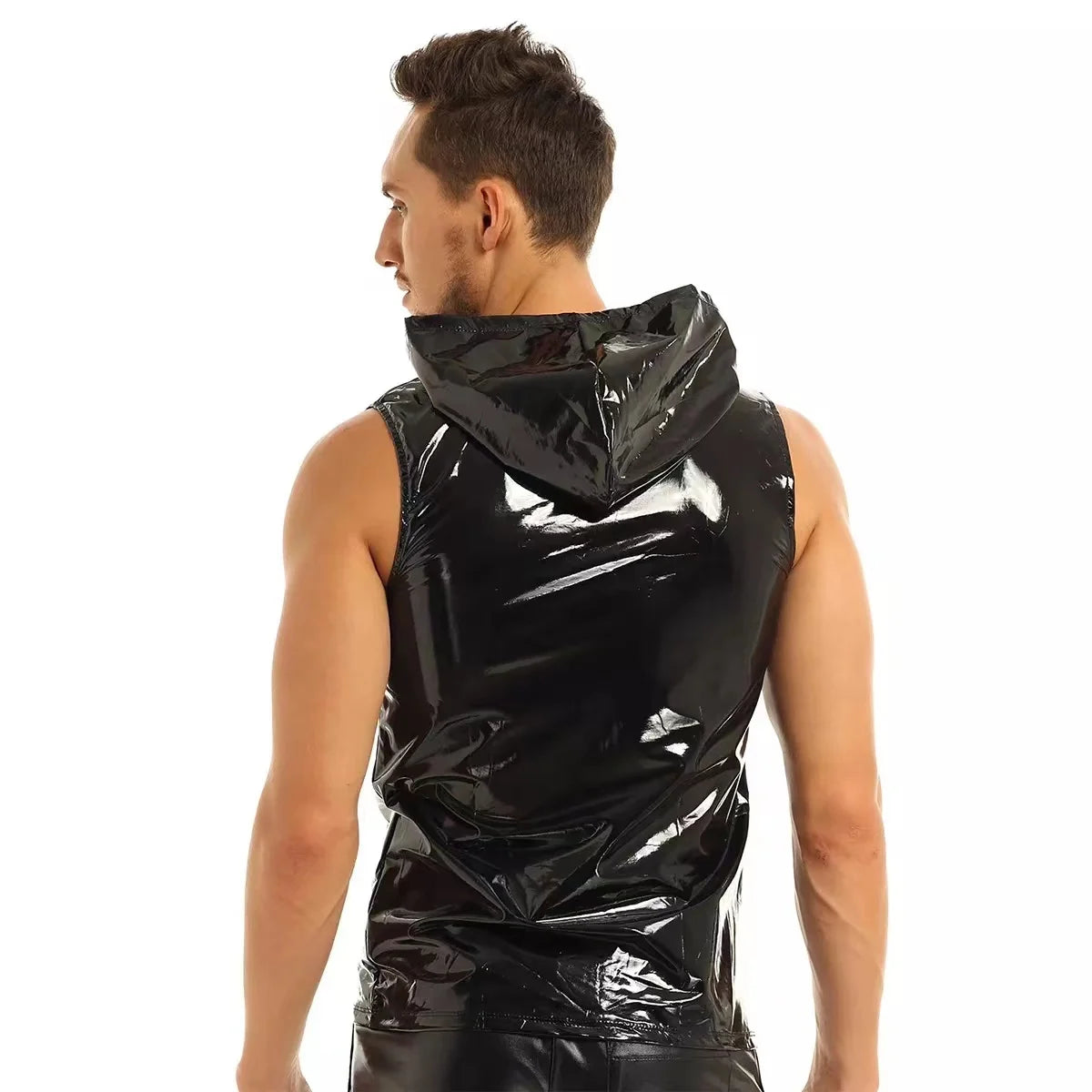 S-7XL Plus Size Mens Shiny PVC Leather Hoodies Shirts Sleeveless Wetlook Latex Tank Tops Hooded Leather Vest T-shirt Full Zipper