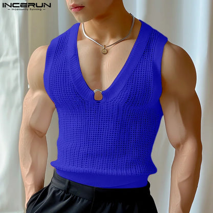 INCERUN Tops 2024 Korean Style Men's Mesh Hollow Metal Decorative Vests Summer Casual Streetwear Hot Sale V-neck Tank Tops S-5XL