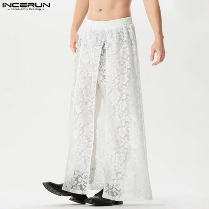 INCERUN 2024 Amerikanischen Stil Sexy Herren Pantalons Spitze Hohl Schlitz Design Hosen Casual Party Zeigt Heißer Verkauf Dünne Hosen S-5XL