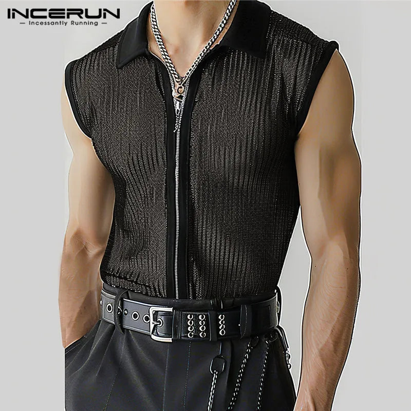 INCERUN Tops 2024 Style américain Hommes Sexy Creux Transparent Fermeture Éclair Conception Gilets Loisirs Mince Revers Sans Manches Débardeurs S-5XL