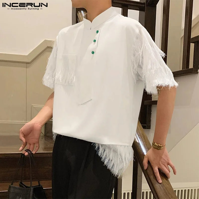 Stylish Well Fitting Tops INCERUN New Men Solid Tassel Patchwork Design Shirt Casual Streetwear Short Sleeved Lapel Blouse S-5XL