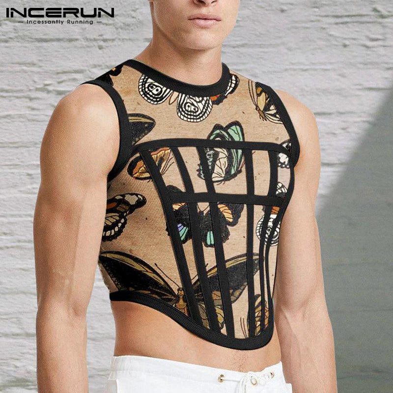 Männer Tank Tops Mesh Patchwork 2023 Rundhals Ärmelloses Durchsichtig Sexy Westen Streetwear Party Nachtclub Männer Crop Tops INCERUN