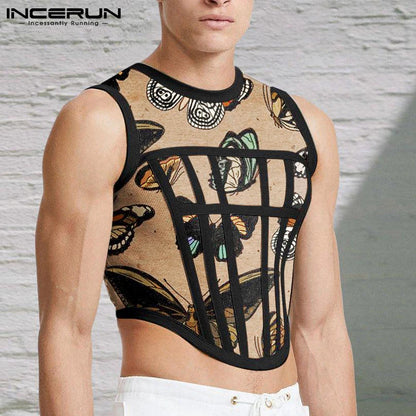 Men Tank Tops Mesh Patchwork 2023 Round Neck Sleeveless See Through Sexy Vests Streetwear Party Nightclub Men Crop Tops INCERUN