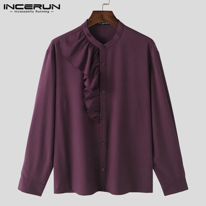 INCERUN 2024 Korean Style New Men's Tops Court Style Irregular Flounce Design Shirts Casual Streetwear Stand Collar Blouse S-5XL