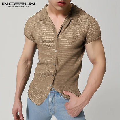 INCERUN MEN Shirts 2024 Fashion Short Sleeve Tops Hollow Out Shirt Men Clothing Streetwear Solid Lapel Camisas Button Tee S-5XL