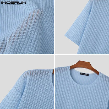 INCERUN Tops 2024 American Style Men's Thin Slightly Transparent Stripe Texture T-shirt Summer Casual Half Sleeve Camiseta S-5XL