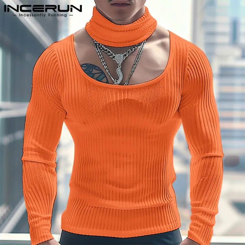 1INCERUN Tops 2024 American Style Sexy Men Fashion U-shaped Collar Solid Striped T-shirts Casual Male Long Sleeved Camiseta S-5X