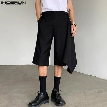 INCERUN 2024 Korean Style Shorts New Men Irregular Fake Two-piece Design Shorts Summer Casual Streetwear Male Solid Shorts S-5XL