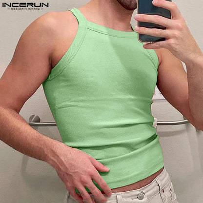 INCERUN Tops 2024 American Style New Men's Knitted Solid Color Vests Casual Streetwear Male All-match Sleeveless Tank Tops S-5XL