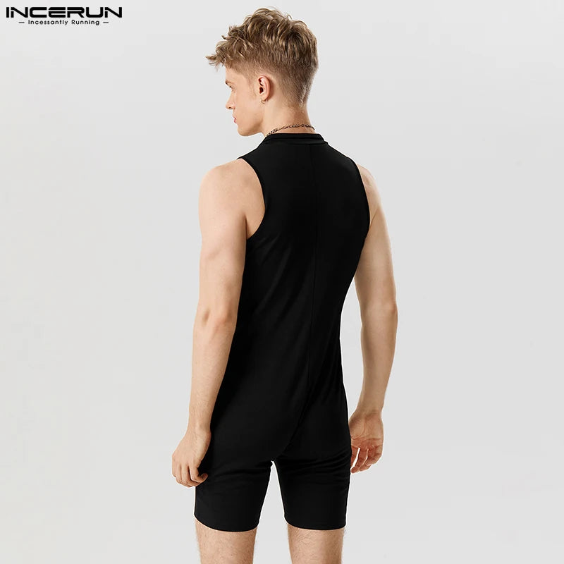 INCERUN 2023 American Style Handsome Men's Fashion Black&White Contrast Rompers Casual Handsome Male Sleeveless Jumpsuits S-5XL