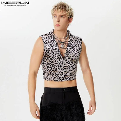 INCERUN Tops 2024 Amerikanischen Stil Mode Männer Ripple Kordelzug Design Westen Sexy Casual Cropped Revers Ärmellose Tank Tops S-5XL