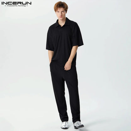 INCERUN 2024 American Style Sets New Men Short Sleeved Shirts Long Pants Male Knitted Casual Street Striped Two-piece Sets S-5XL